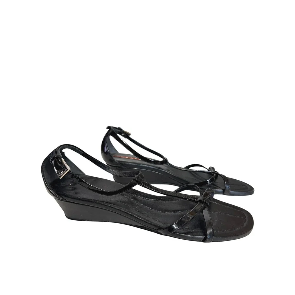 Prada Sport Black Patent Leather Strappy Wedge Sandals Y2K Minimalist size 8 - Picture 2 of 6